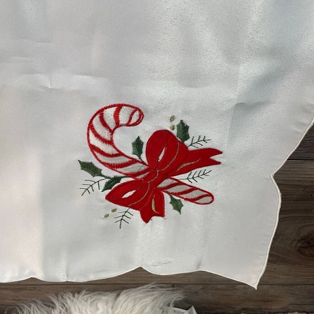 Vintage Christmas Satin Like Tablecover Candy Canes Bows Holly Home Decor 34x34 - Picture 5 of 8